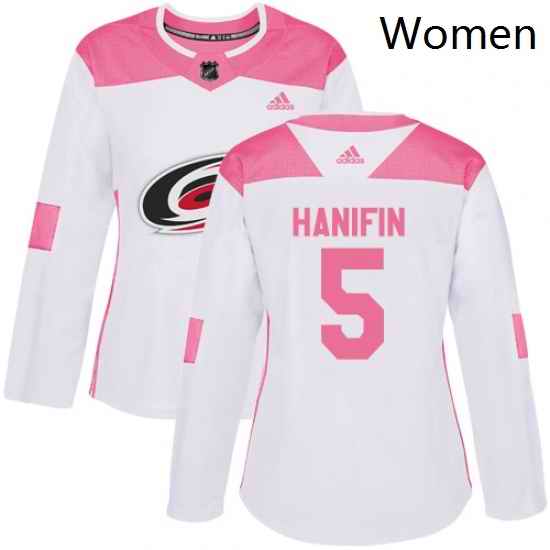 Womens Adidas Carolina Hurricanes 5 Noah Hanifin Authentic WhitePink Fashion NHL Jersey